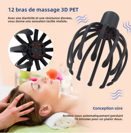 Masseur électrique de cuir chevelu à griffes de poulpe, mains libres.