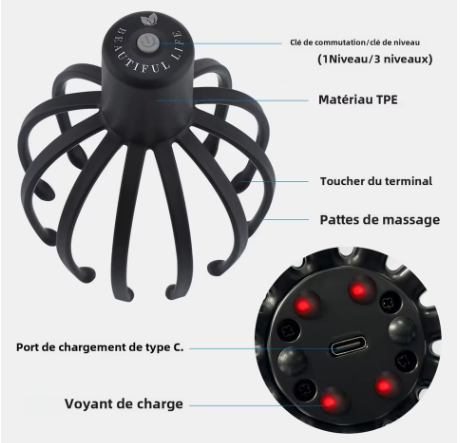 Masseur électrique de cuir chevelu à griffes de poulpe, mains libres.