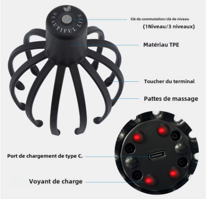 Masseur électrique de cuir chevelu à griffes de poulpe, mains libres.
