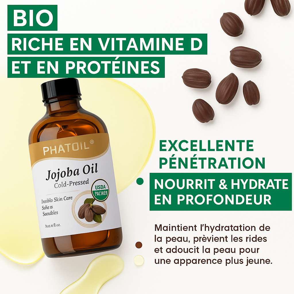 Huile de jojoba 118ML bio, pressée à froid, huile hydratante pour le visage, les cheveux, la peau