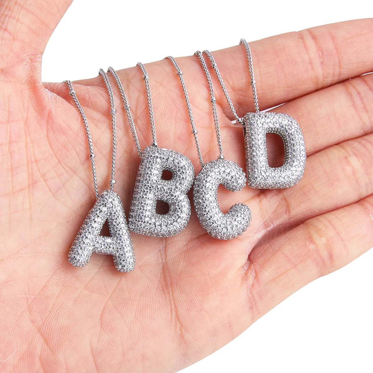 Bubble letter initial necklace set | White Gold